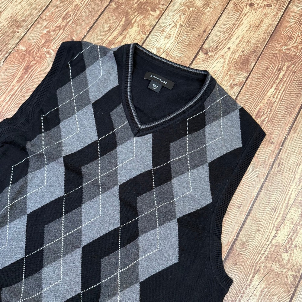 Structure Argyle Sweater Vest Mens Medium Black Gray V Neck Cotton